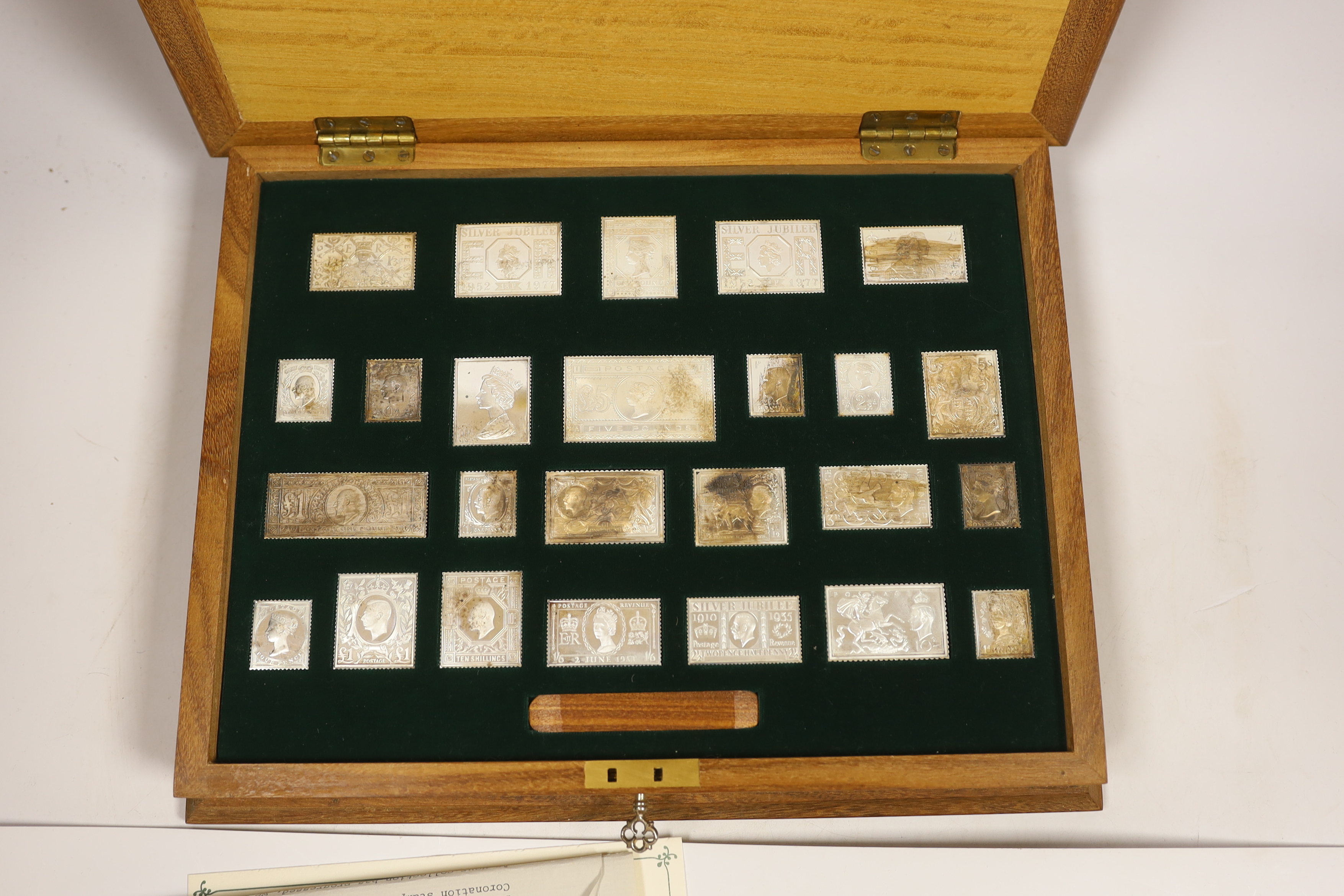 A cased set of silver 'stamps of Royalty' replicas, by Hallmark Replicas Ltd., 1970s